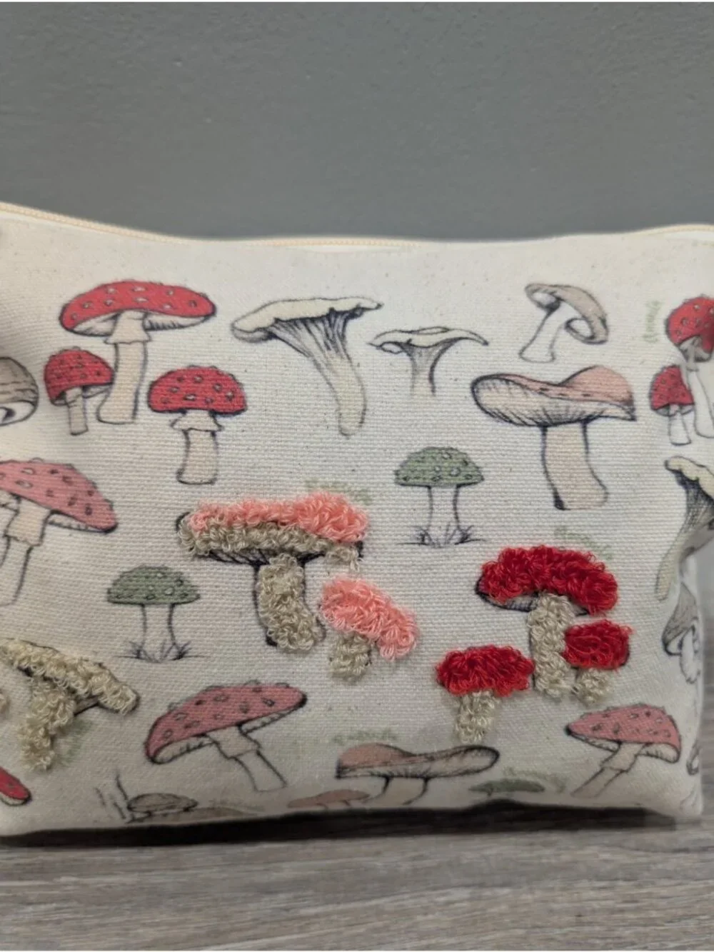 Canvas  Cosmetic Makeup Bag Vintage Botanical Mushroom Print Embroidered Detail